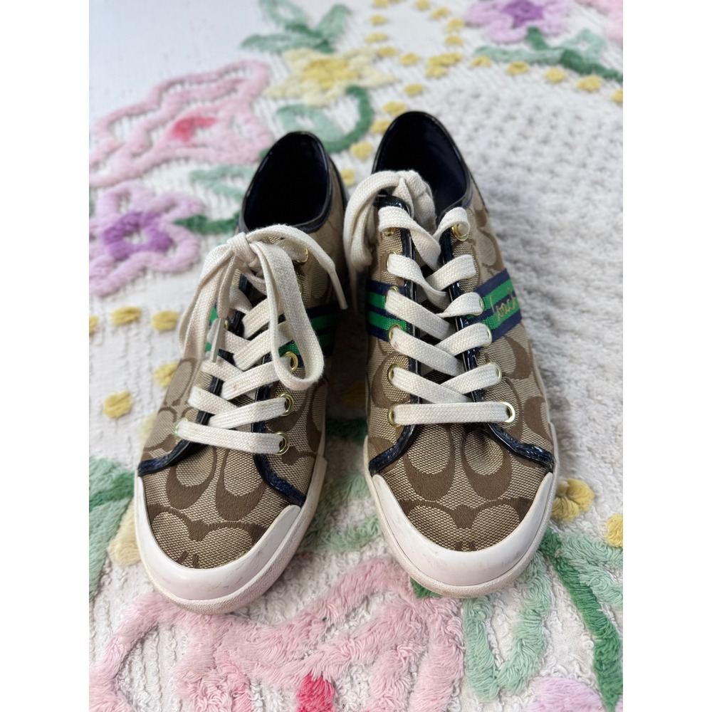 Coach Polly Signature Monogram Canvas Sneakers Brown Blue Green Womens 5.5B - Picture 2 of 7